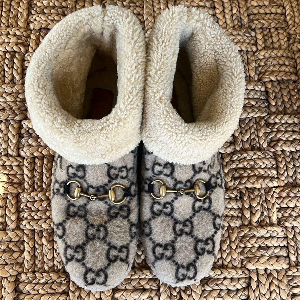 Gucci Beige GG Shearling Horsebit Boots